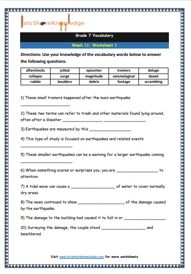 Grade 7 Vocabulary Worksheets Week 11 worksheet 1