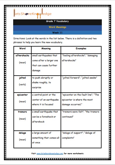 Grade 7 Vocabulary Worksheets Week 11 meanings