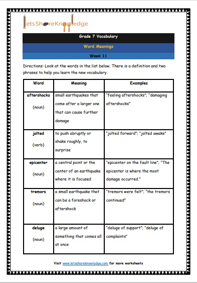 Grade 7: Vocabulary Worksheets Week 11 – Lets Share Knowledge