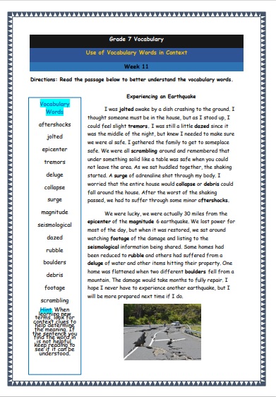 Grade 7 Vocabulary Worksheets Week 11 understanding vocabulary words in context