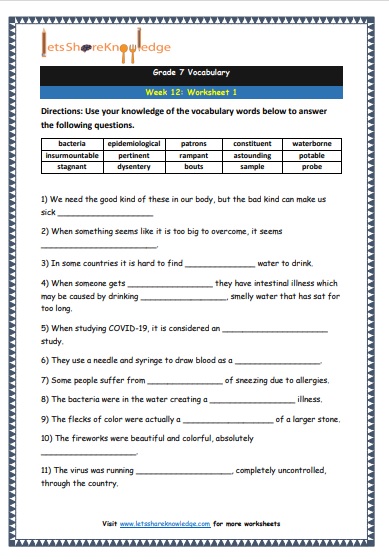 Grade 7 Vocabulary Worksheets Week 12 worksheet 1