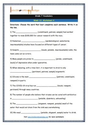 grade 7 vocabulary week 12 printable worksheet