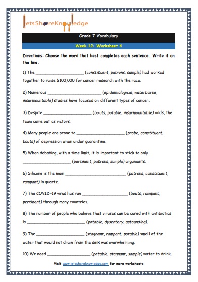  Grade 7 Vocabulary Worksheets Week 12 worksheet 4