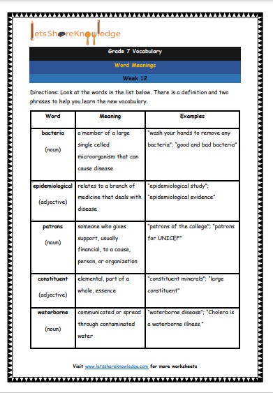Grade 7 Vocabulary Worksheets Week 12 meanings