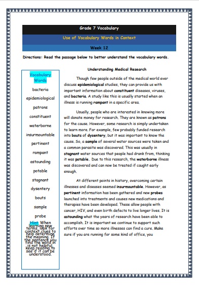 Grade 7 Vocabulary Worksheets Week 12 understanding vocabulary words in context