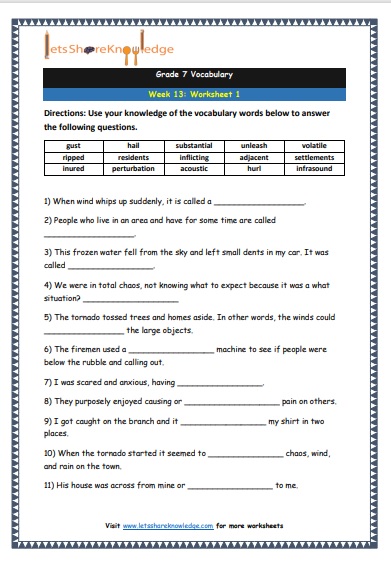 Grade 7 Vocabulary Worksheets Week 13 worksheet 1