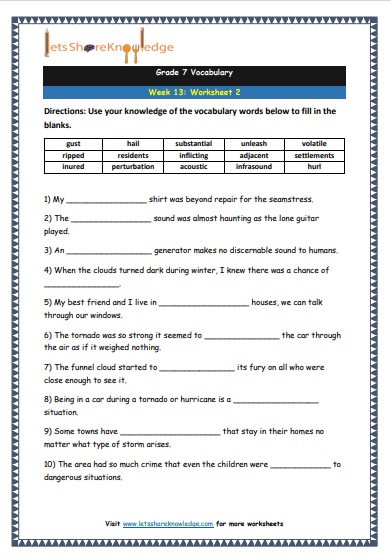 Grade 7 Vocabulary Worksheets Week 13 worksheet 2