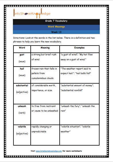 Grade 7 Vocabulary Worksheets Week 13 meanings