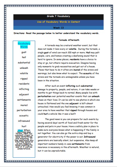 Grade 7 Vocabulary Worksheets Week 13 understanding vocabulary words in context