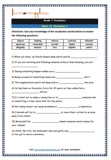 Grade 7 Vocabulary Worksheets Week 14 worksheet 1