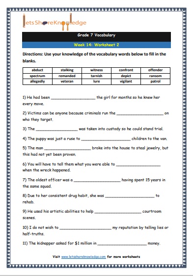 Grade 7 Vocabulary Worksheets Week 14 worksheet 2