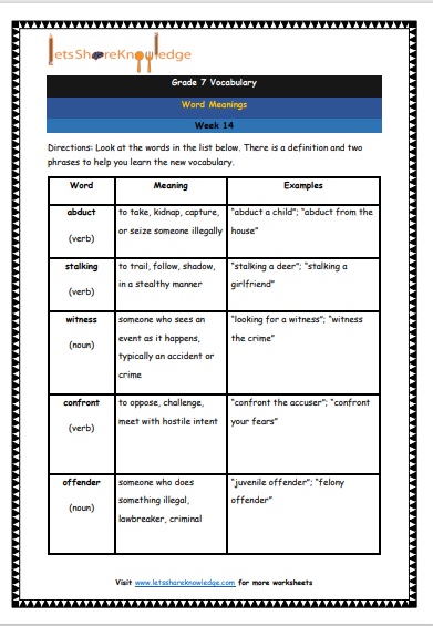 Grade 7 Vocabulary Worksheets Week 14 meanings