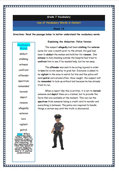 Grade 7 Vocabulary Worksheets Week 14 understanding vocabulary words in context