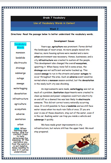 Grade 7 Vocabulary Worksheets Week 2 understanding vocabulary words in context