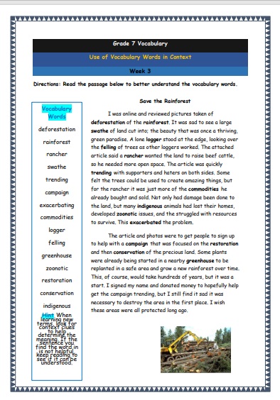 Grade 7 Vocabulary Worksheets Week 3 understanding vocabulary words in context