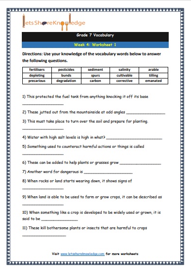 Grade 7 Vocabulary Worksheets Week 4 worksheet 1