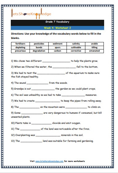 Grade 7 Vocabulary Worksheets Week 4 worksheet 2