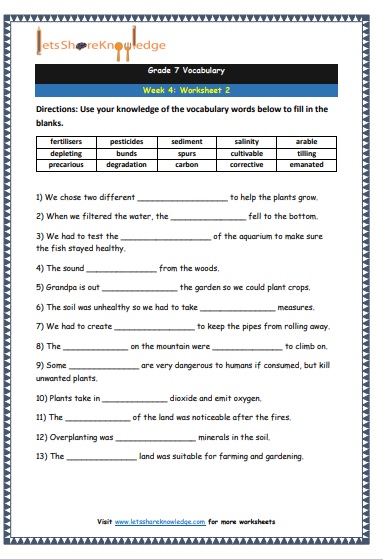 Grade 7: Vocabulary Worksheets Week 4 – Lets Share Knowledge