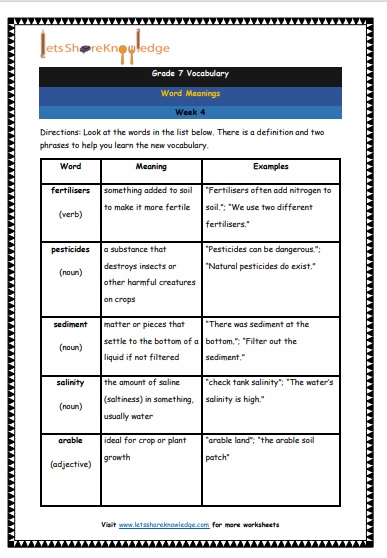 Grade 7 Vocabulary Worksheets Week 4 meanings