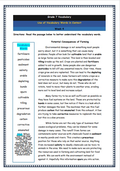 Grade 7 Vocabulary Worksheets Week 4 understanding vocabulary words in context