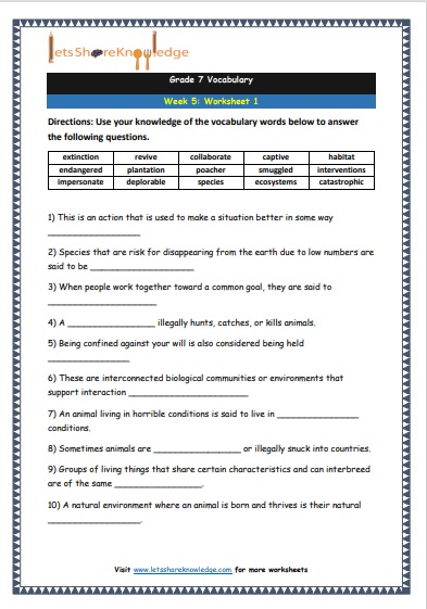 Grade 7 Vocabulary Worksheets Week 5 worksheet 1