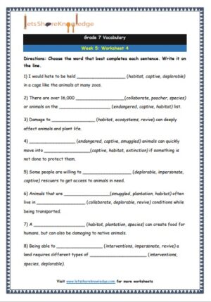 grade 7 vocabulary week 5 printable worksheet