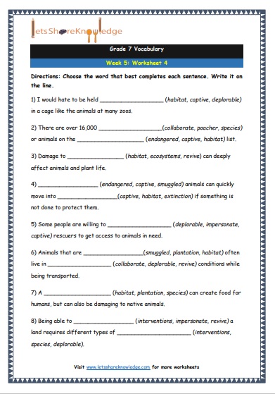 grade 7 vocabulary week 5 printable worksheet