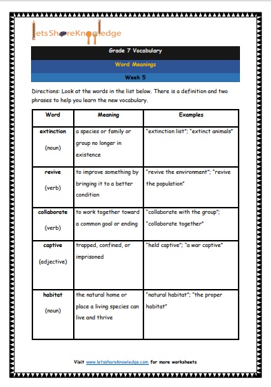 Grade 7 Vocabulary Worksheets Week 5 meanings