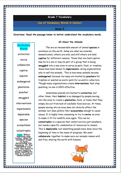 Grade 7 Vocabulary Worksheets Week 5 understanding vocabulary words in context