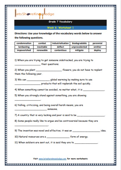 Grade 7 Vocabulary Worksheets Week 6 worksheet 1