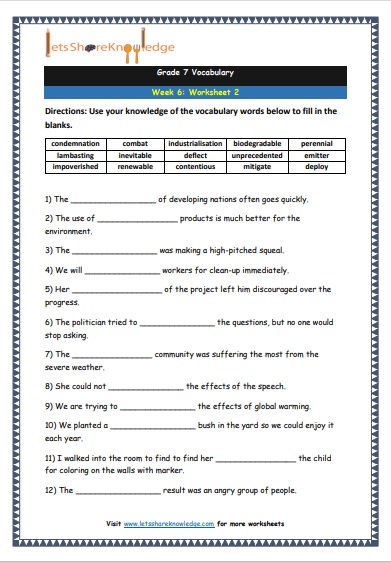 Grade 7 Vocabulary Worksheets Week 6 worksheet 2