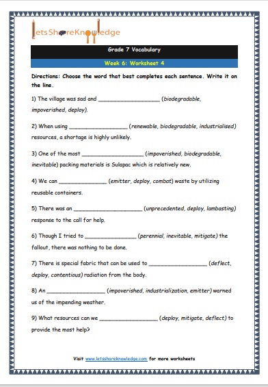 Grade 7: Vocabulary Worksheets Week 6 – Lets Share Knowledge