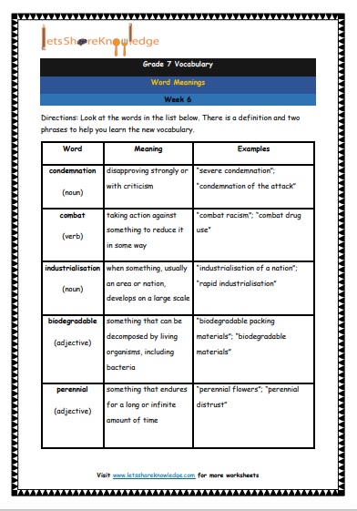 Grade 7 Vocabulary Worksheets Week 6 meanings