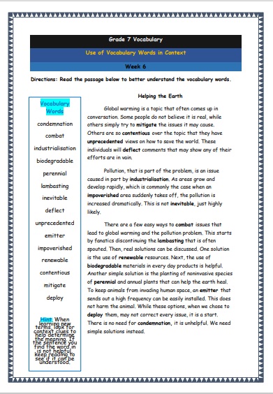 Grade 7 Vocabulary Worksheets Week 6 understanding vocabulary words in context