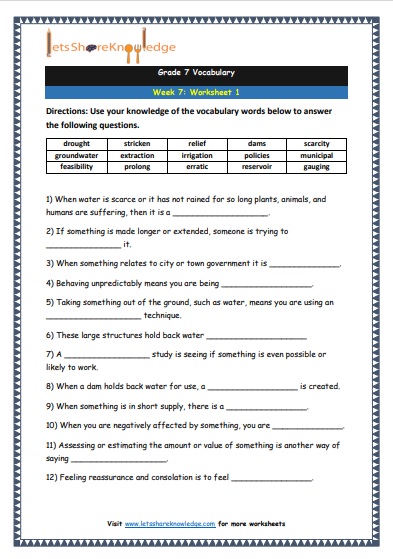 Grade 7 Vocabulary Worksheets Week 7 worksheet 1