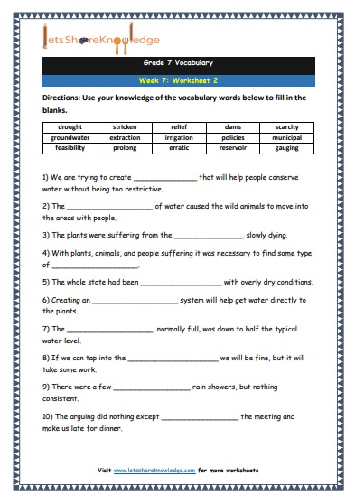 Grade 7 Vocabulary Worksheets Week 7 worksheet 2