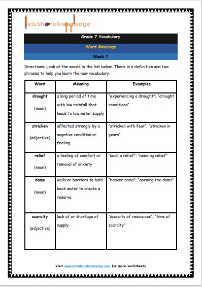 Grade 7 Vocabulary Worksheets Week 7 meanings