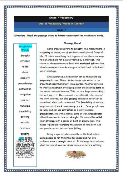Grade 7 Vocabulary Worksheets Week 7 understanding vocabulary words in context