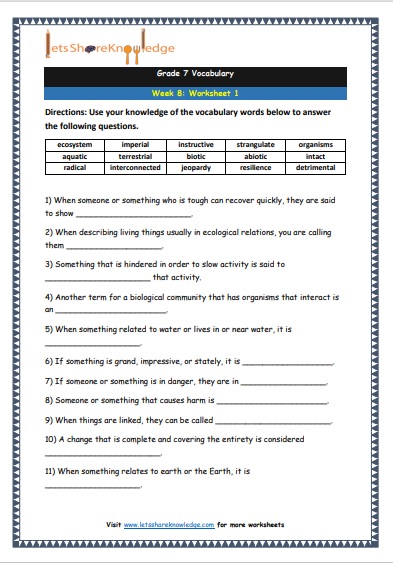 Grade 7 Vocabulary Worksheets Week 8 worksheet 1