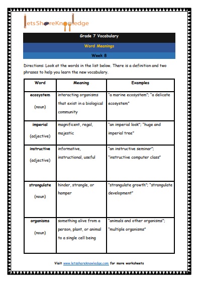 Grade 7 Vocabulary Worksheets Week 8 meanings