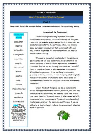 grade 7 vocabulary week 8 printable worksheet