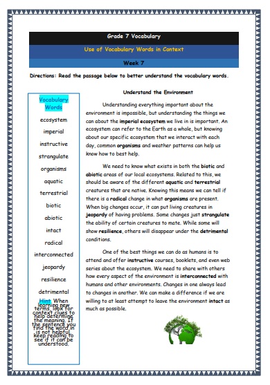 Grade 7 Vocabulary Worksheets Week 8 understanding vocabulary words in context