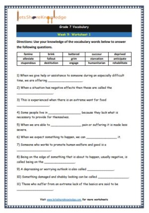 grade 7 vocabulary week 9 printable worksheet