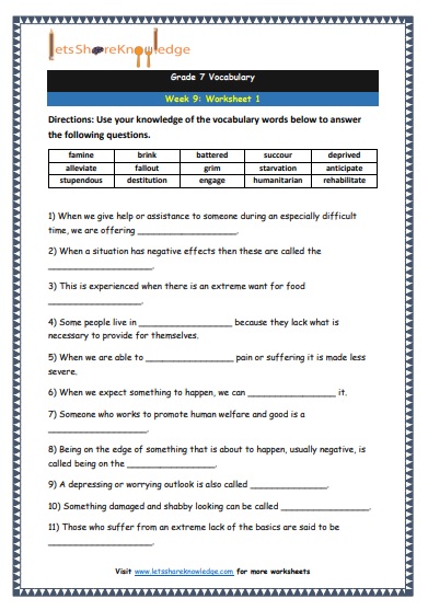 Grade 7 Vocabulary Worksheets Week 9 worksheet 1