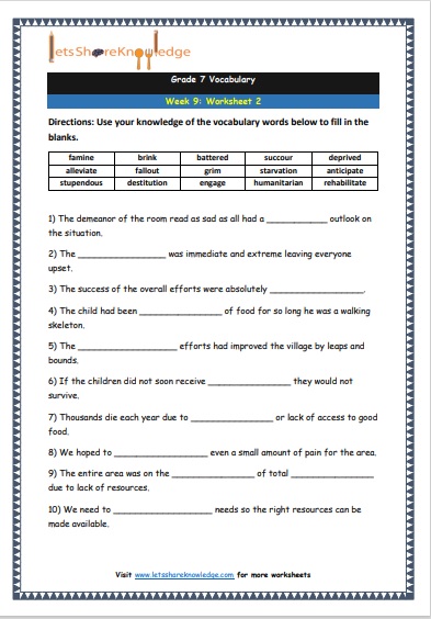 Grade 7 Vocabulary Worksheets Week 9 worksheet 2