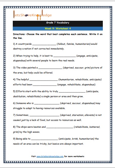  Grade 7 Vocabulary Worksheets Week 9 worksheet 4