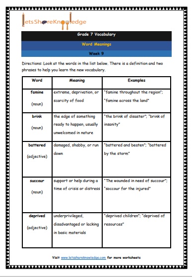 Grade 7 Vocabulary Worksheets Week 9 meanings