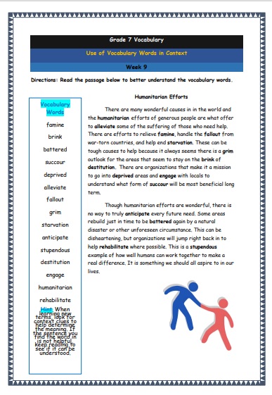 Grade 7 Vocabulary Worksheets Week 9 understanding vocabulary words in context