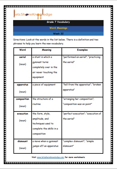 Grade 7 Vocabulary Worksheets Week 32 meanings