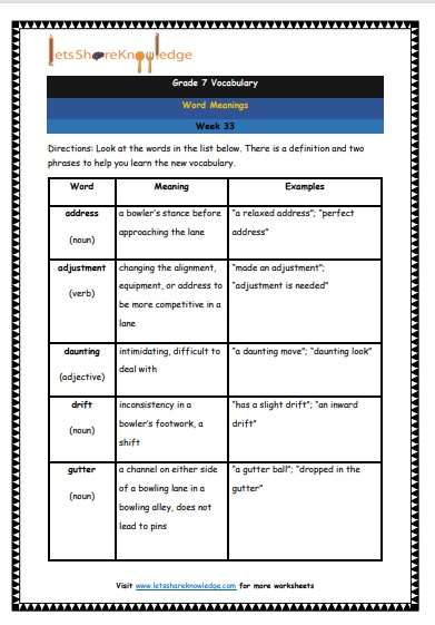Grade 7 Vocabulary Worksheets Week 33 meanings
